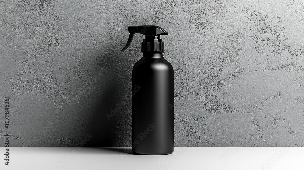 A sleek black spray bottle against a textured gray background. A sleek black spray bottle against a textured gray background.