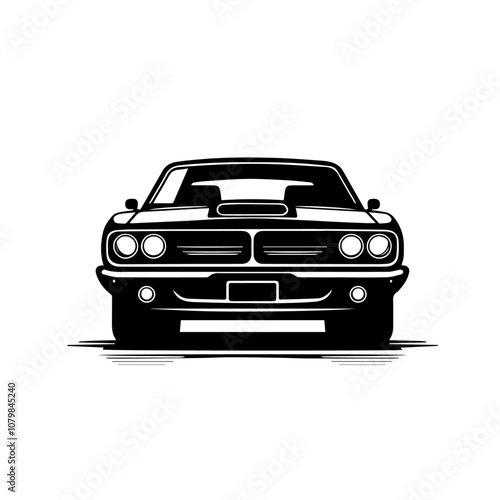 Classic Muscle Car Front View Vector – Vintage Automotive Icon in Bold Black and White Style for Retro Car Design Projects