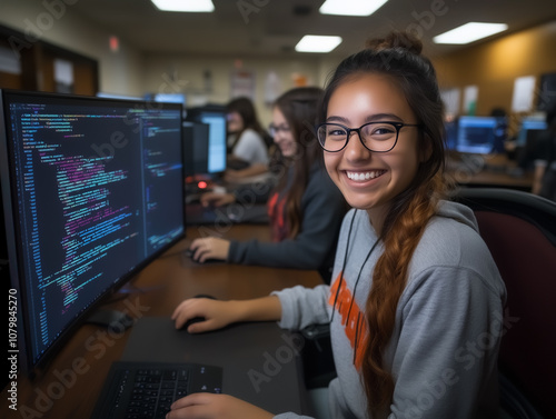 Focused Female Programmer Working on Code in Modern Office