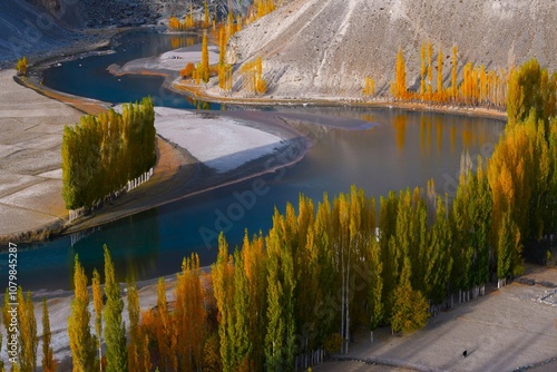 Detailed autumn view of the meanders of tree-lined Gilgit River near Phander village (Ghizer District, Gilgit-Baltistan, Pakistan) photo