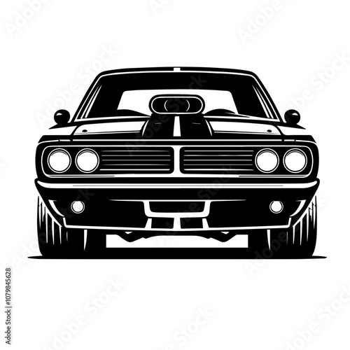 Classic Muscle Car Front View Vector – Vintage Automotive Icon in Bold Black and White Style for Retro Car Design Projects