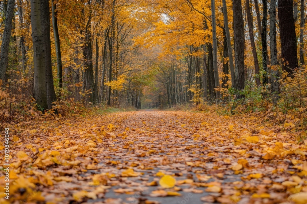 Obraz premium A path through a forest with fallen leaves.