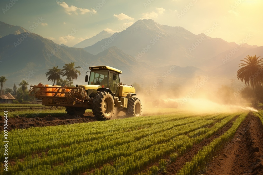 Naklejka premium Whispers of the Field: A Soft, Dreamy Tractor Spraying Crops Under a Bright Sun
