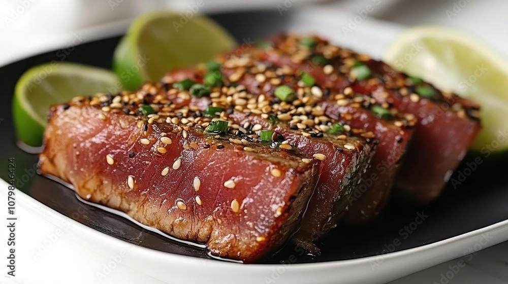 Seared tuna with sesame seeds. Perfect for restaurant menus, cookbooks, or articles about healthy eating. Seared tuna with sesame seeds. Perfect for restaurant menus, cookbooks, or articles about healthy eating.