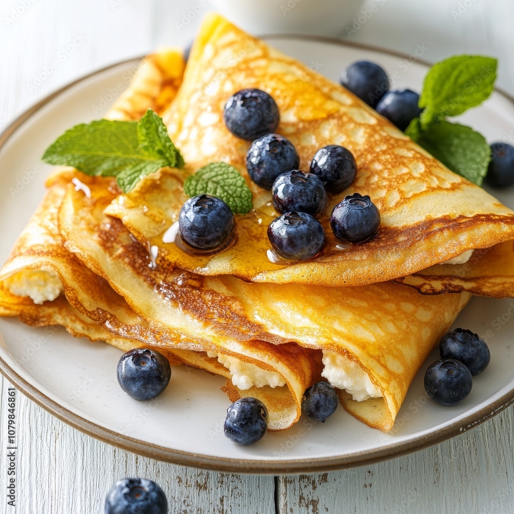 A plate of golden crepes filled with fresh blueberries and garnished with mint leaves, drizzled with honey, showcasing a delightful breakfast or dessert scene. A plate of golden crepes filled with fresh blueberries and garnished with mint leaves, drizzled with honey, showcasing a delightful breakfast or dessert scene.
