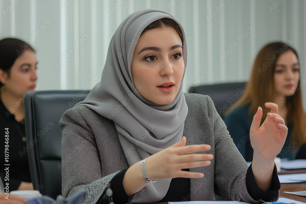 Woman in Hijab Abaya working at office meeting in room. Woman in Hijab Abaya working at office meeting in room.
