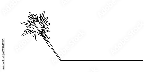 Sparklers burning in continuous line art drawing style. Festive Bengal lights minimalist black linear design isolated on white background. Pro Vector illustration, continuous one line art style.