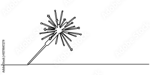 Sparklers burning in continuous line art drawing style. Festive Bengal lights minimalist black linear design isolated on white background. Pro Vector illustration, continuous one line art style.