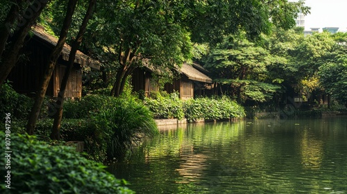 Serene Rural China Landscape with Traditional Wooden Houses by Quiet Riverbank | Peaceful Countryside Scenery on Ultra-Detailed Photo