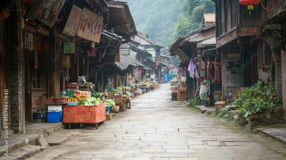 Fototapeta premium Vibrant Rural China Village Market Scene with Traditional Architecture and Bustling Activity