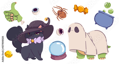 Halloween symbols set isolated on white background. Contemporary vector cartoon illustration of black cat in hat, dinosaur in ghost costume, bony green monster hand, boiling cauldron, spider, sweets