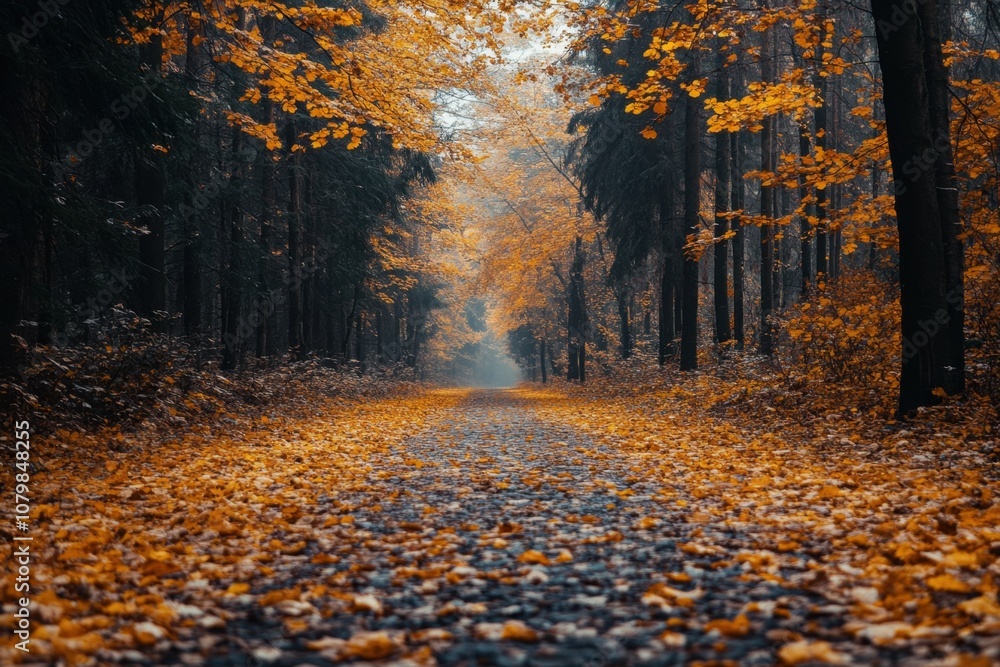 Fototapeta premium A path through an autumn forest with golden leaves.
