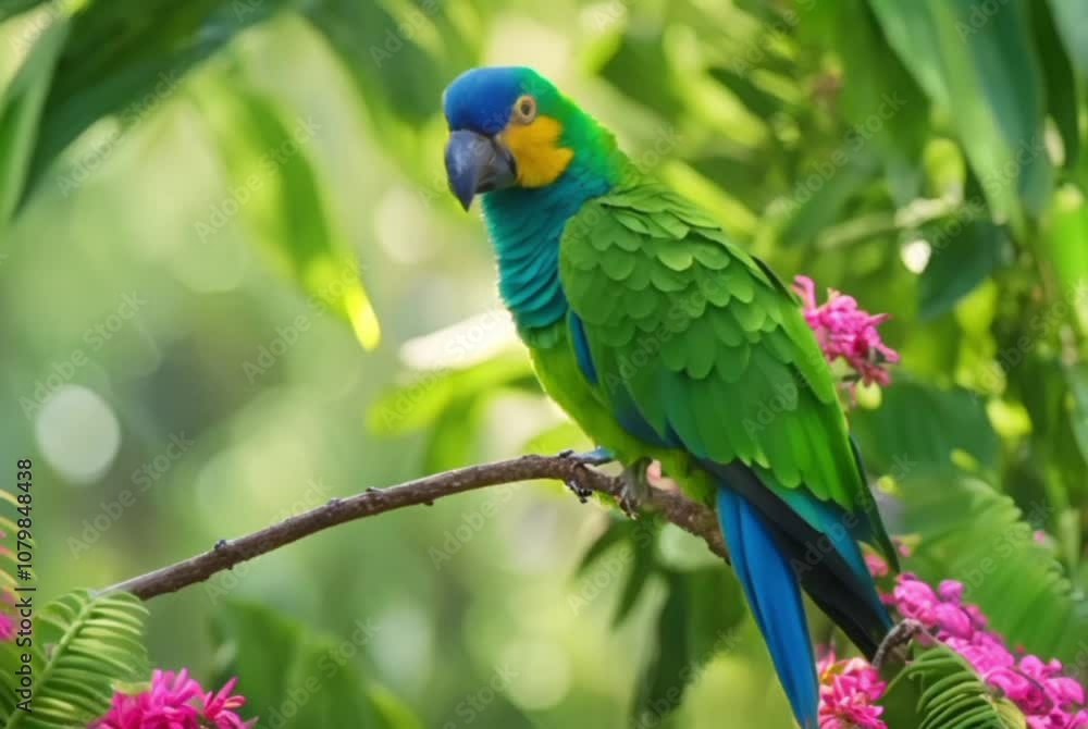 A vibrant Amazon Blue-Fronted Parrot perched on a lush rainforest branch, its bright green feathers shimmering in the sunlight. The parrot's forehead glows a striking blue, contrasting with the emeral A vibrant Amazon Blue-Fronted Parrot perched on a lush rainforest branch, its bright green feathers shimmering in the sunlight. The parrot's forehead glows a striking blue, contrasting with the emeral