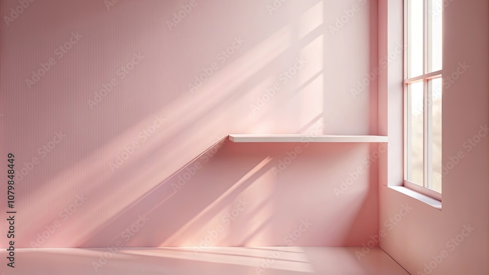 Fototapeta premium Minimalist interior with a single white shelf against a blush pink wall bathed in sunlight from a window