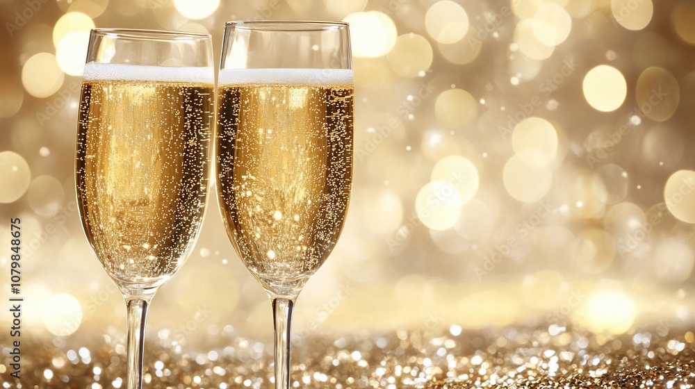 Two champagne flutes filled with sparkling wine against a golden bokeh background. Two champagne flutes filled with sparkling wine against a golden bokeh background.