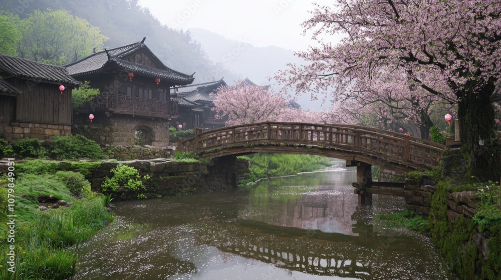 Serene Rural China Landscape with Blossoming Cherry Trees, Wooden Bridge, and Paper Lanterns in Ultra-Detailed Capture Serene Rural China Landscape with Blossoming Cherry Trees, Wooden Bridge, and Paper Lanterns in Ultra-Detailed Capture