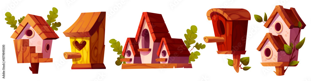 Naklejka premium Wooden bird houses set isolated on white background. Vector cartoon illustration of cute handmade huts with round and heart shape holes and roofs, oak tree leaves, garden decoration, animal care