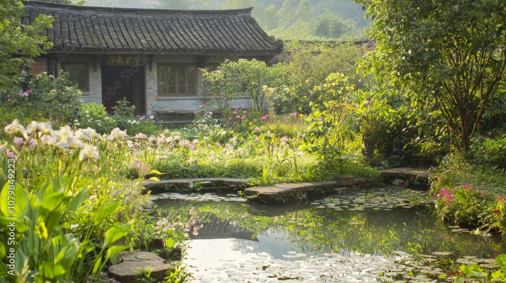 Serene Rural Charm - Idyllic Thatched Roof Farmhouse Amidst Blossoming Gardens and Reflective Pond in Rural China Serene Rural Charm - Idyllic Thatched Roof Farmhouse Amidst Blossoming Gardens and Reflective Pond in Rural China