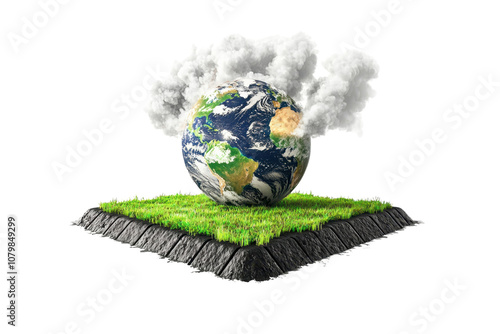 A vibrant globe sits on a grassy surface, surrounded by fluffy clouds, emphasizing Earth's beauty and connection to nature.