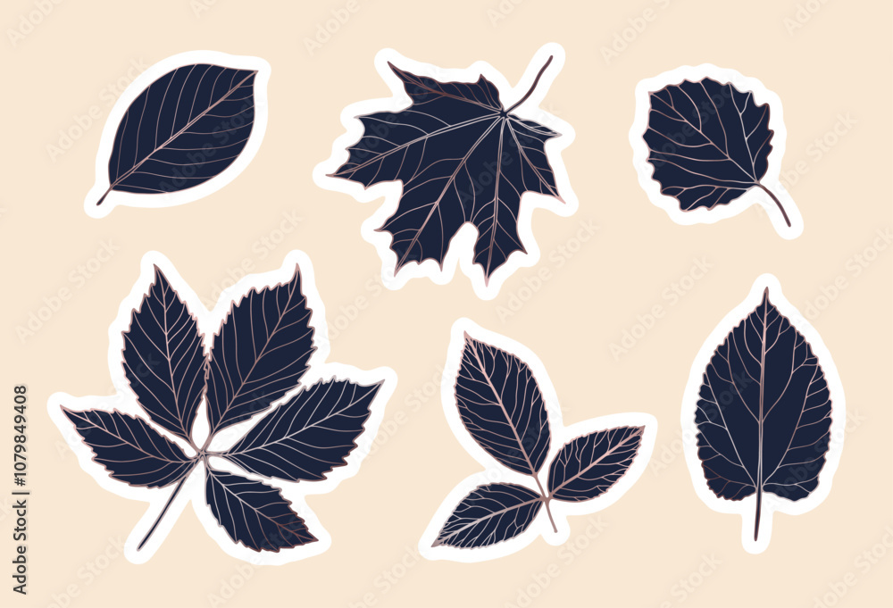 Fototapeta premium Autumn leaves hand drawn stickers isolated on a light background. Foliage vector botanical illustration
