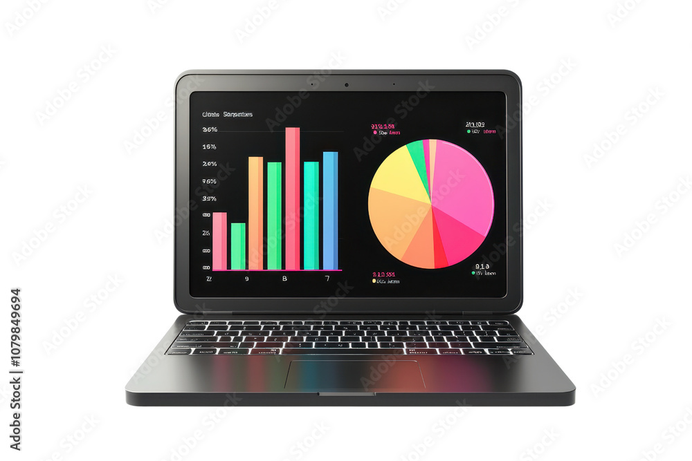 A laptop displaying colorful bar graphs and pie charts, showcasing data visualization and statistics analysis. A laptop displaying colorful bar graphs and pie charts, showcasing data visualization and statistics analysis.