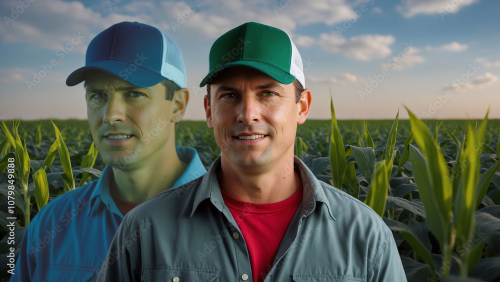 Portrait of a tech-savvy farmer with a field of genetically modified crops in double exposure Portrait of a tech-savvy farmer with a field of genetically modified crops in double exposure