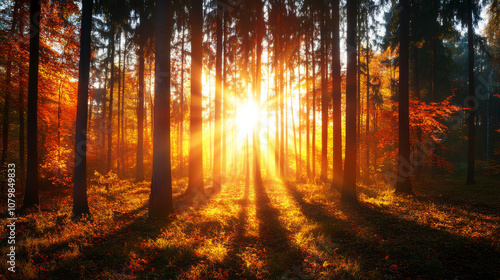 Golden autumn sunlight filtering through the branches of colorful trees, casting long shadows on the forest floor, creating a warm, glowing atmosphere that evokes the beauty of fall