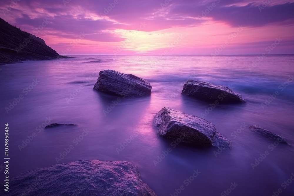 Naklejka premium A peaceful seascape with rocks in the foreground and a purple sunrise in the background.
