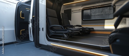 Modern Interior Design for a futuristic vehicle, with black seats, white and yellow accents, and an open door.