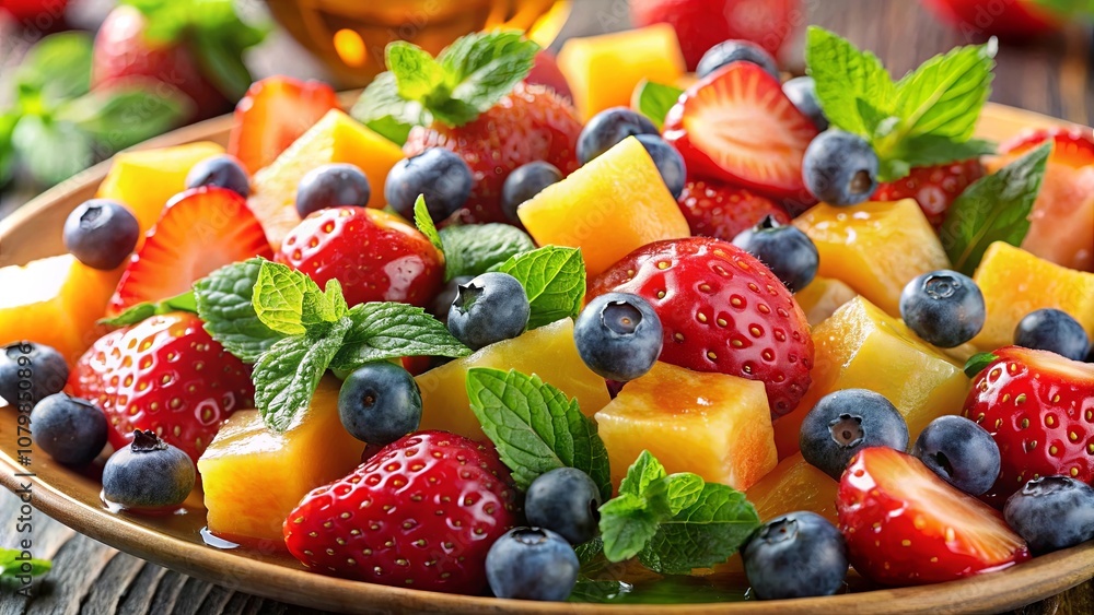 A Vibrant Medley of Fresh Fruit Sliced Strawberries, Blueberries, and Melon Cubes, Adorned with Delicate Mint Leaves, Creates a Delightful and Healthy Culinary Masterpiece. A Vibrant Medley of Fresh Fruit Sliced Strawberries, Blueberries, and Melon Cubes, Adorned with Delicate Mint Leaves, Creates a Delightful and Healthy Culinary Masterpiece.