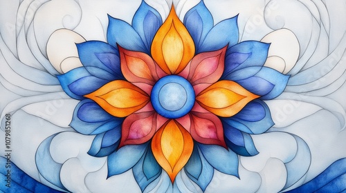 Vibrant Watercolor Flower Mandala Blue Orange Red Petals Artistic Design