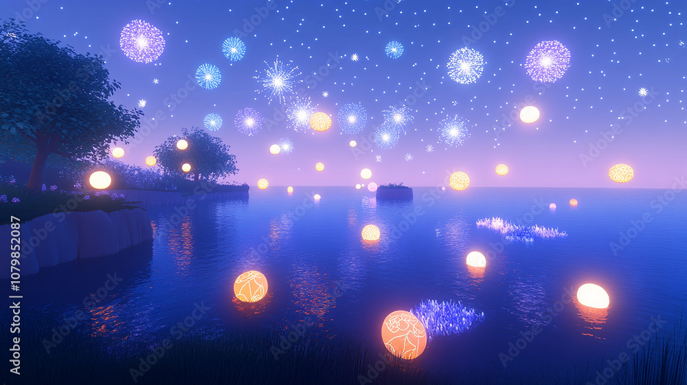 Fototapeta premium A beautiful night sky filled with glowing orbs and fireworks over a calm lake.