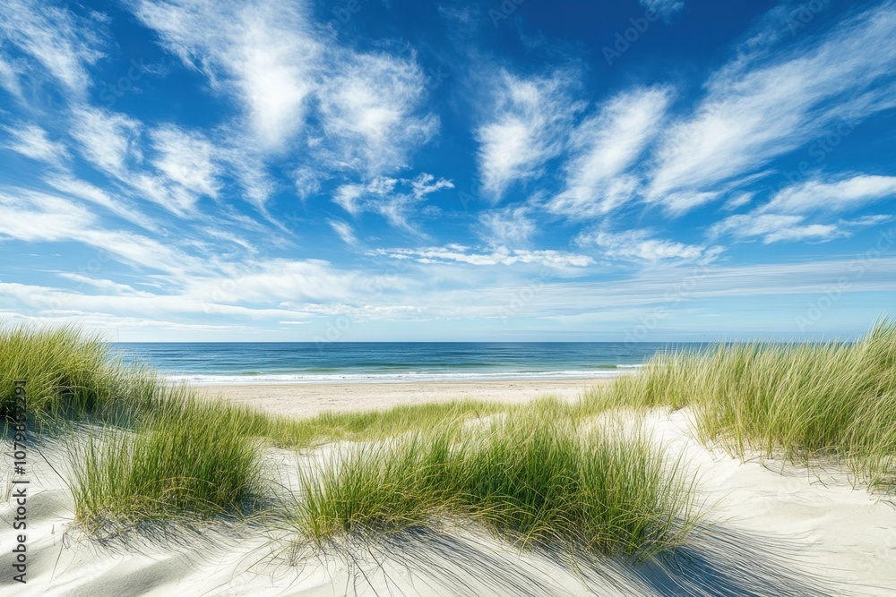 A picturesque view of a sandy beach with lush green grass dunes and a bright blue sky with white clouds. A picturesque view of a sandy beach with lush green grass dunes and a bright blue sky with white clouds.