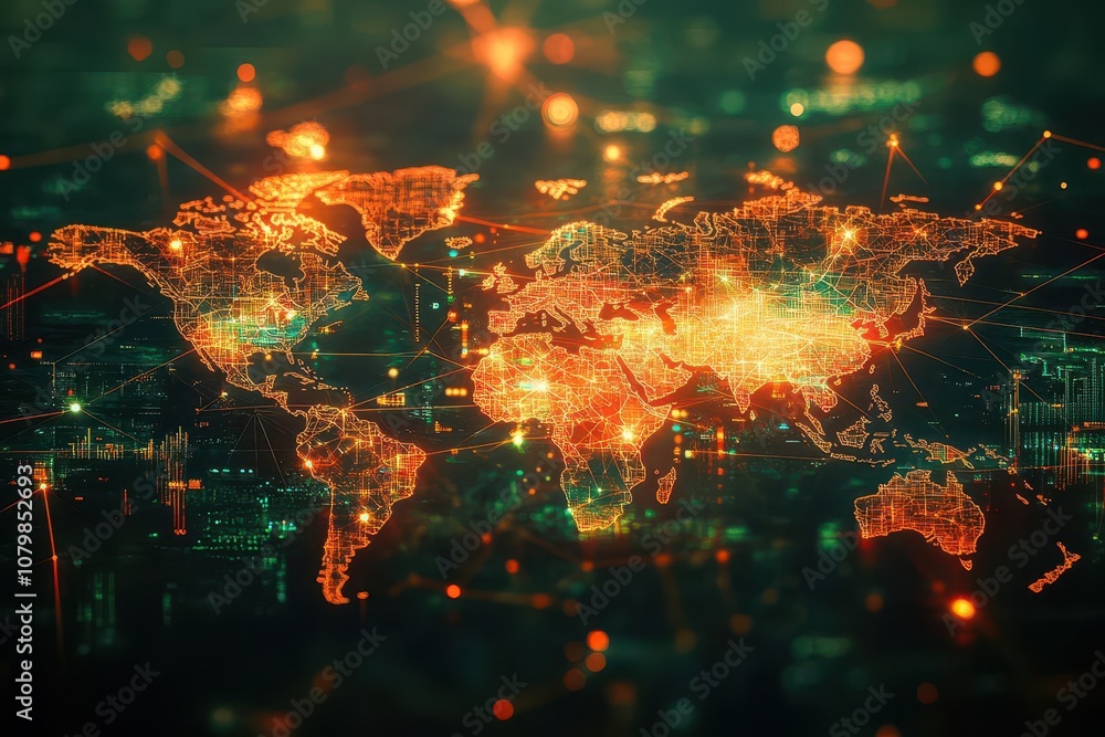 Stylized world map with digital trade routes, dynamic currency symbols, soft glowing lines, abstract representation of global economy Stylized world map with digital trade routes, dynamic currency symbols, soft glowing lines, abstract representation of global economy
