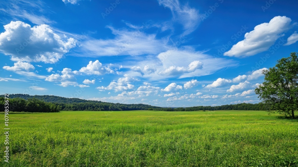 Obraz premium Green meadow under blue sky with clouds and distant trees in summer landscape
