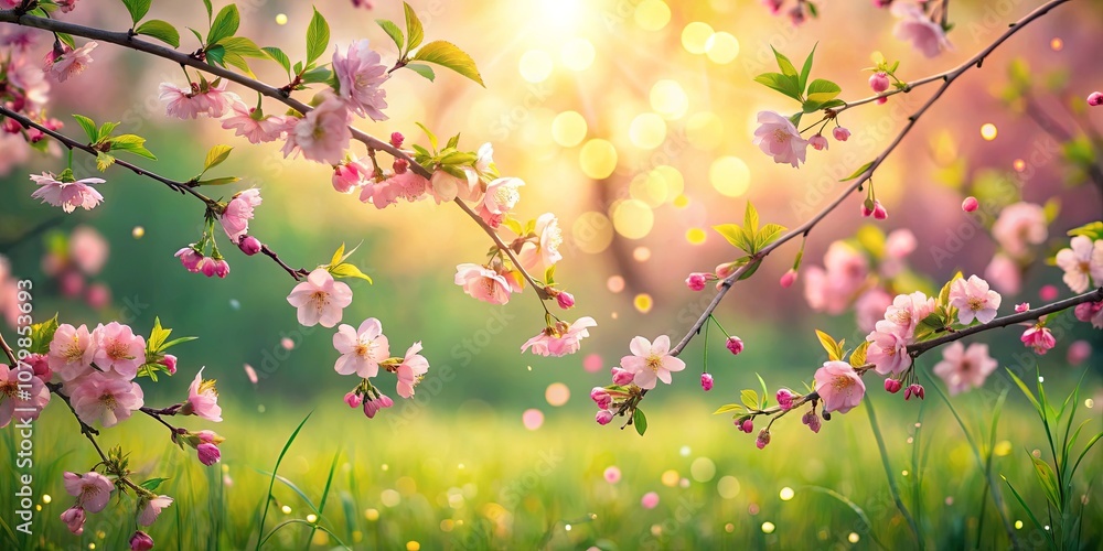 Fototapeta premium Delicate pink blossoms on a branch bathed in the warm glow of sunrise, a gentle breeze scattering petals across a lush grassy meadow