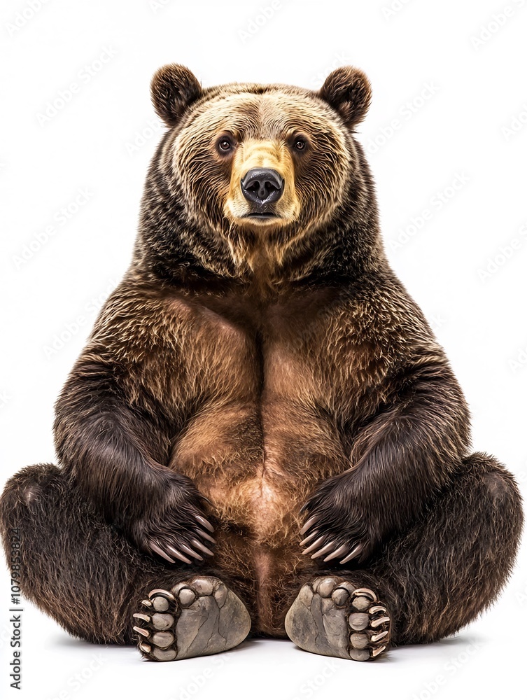 Obraz premium Adorable Chubby Brown Bear Sitting Comfortably with Paws on Belly on White Background