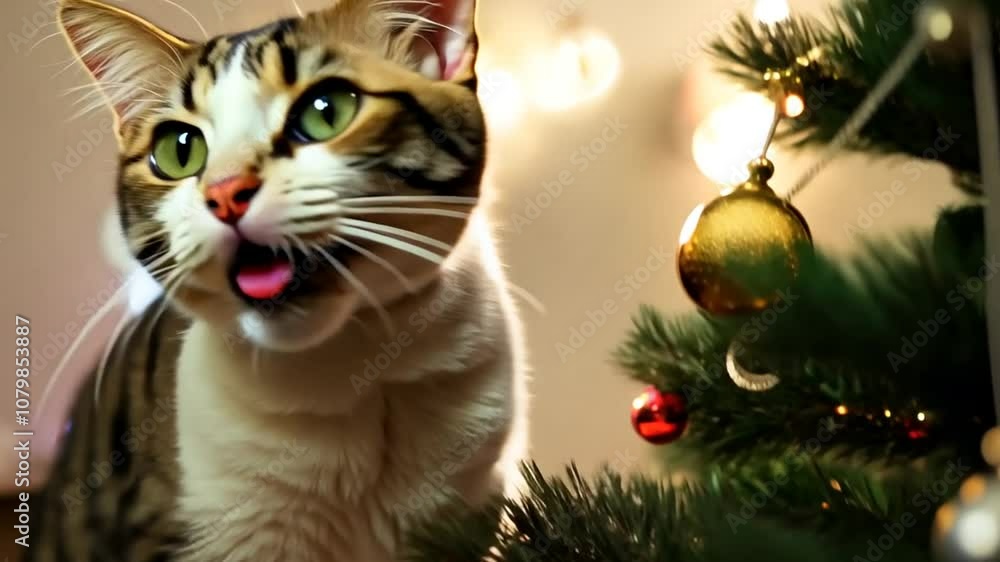 Curious Cat Enjoys Holiday Decorations on Christmas Tree Generative AI Curious Cat Enjoys Holiday Decorations on Christmas Tree Generative AI
