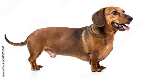 Playful Dachshund with Overweight Physique Stands on Short Legs against White Background