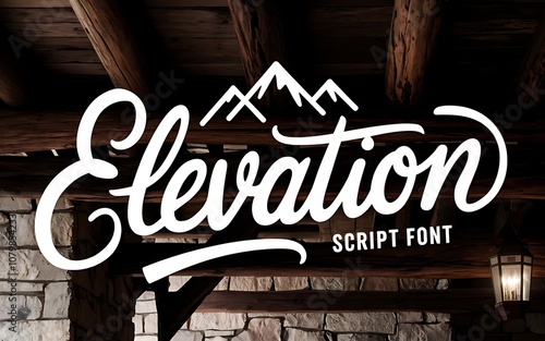 Hand-drawn script font with mountain peaks incorporated into the text, symbolizing elevation and nature, set against a rustic backdrop photo