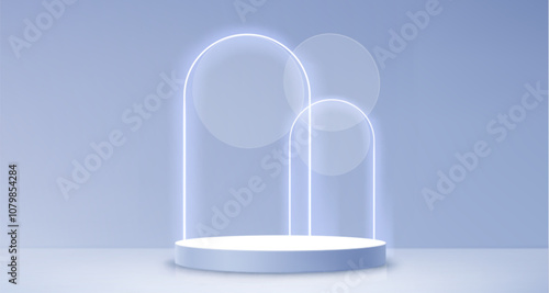 Round podium with neon arch decoration on blue background. Vector realistic illustration of white product presentation platform with glass morphism design, light showroom with display for advertising