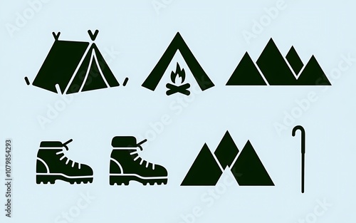 Icon set of mountain peaks, tents, and outdoor adventure symbols photo