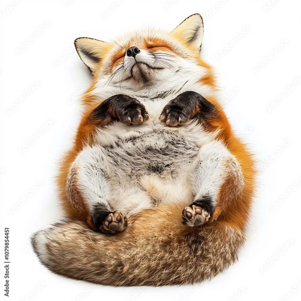 Obraz premium Overweight Fluffy Fox Resting Peacefully on White Background