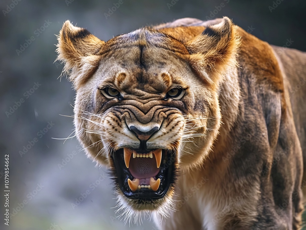 Naklejka premium Fierce and Intense Snarling Lioness Displaying Primal Strength and Ferocity