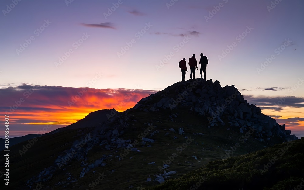Silhouette of hikers on a mountain peak against a sunset background Silhouette of hikers on a mountain peak against a sunset background