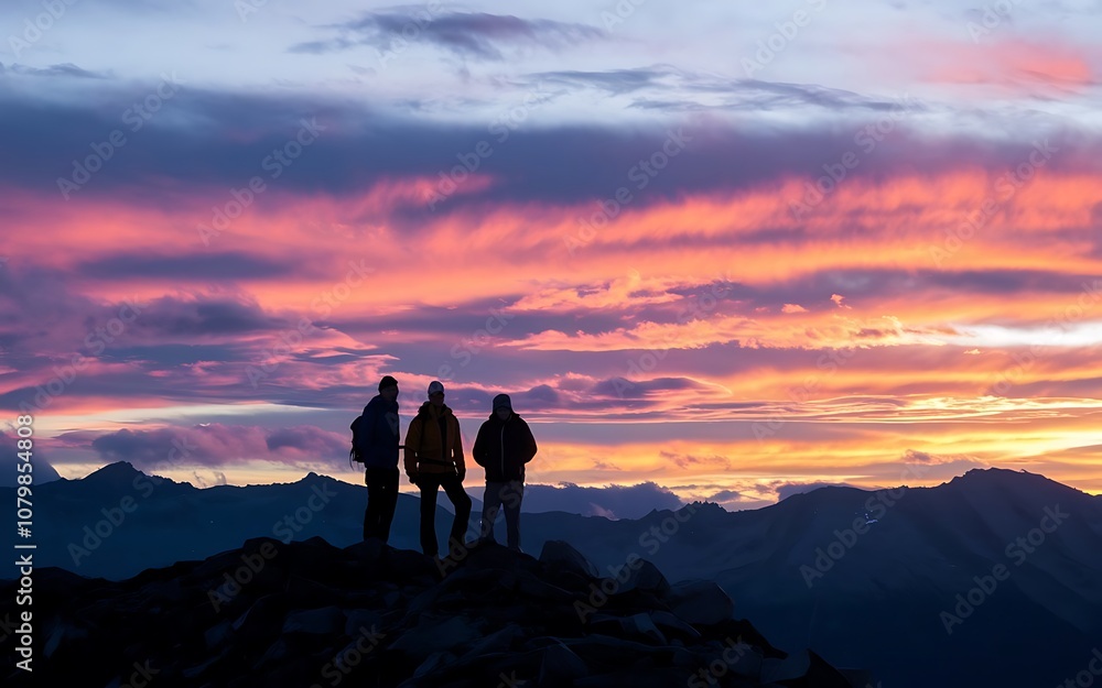 Fototapeta premium Silhouette of hikers on a mountain peak against a sunset background