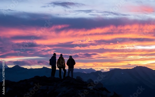 Silhouette of hikers on a mountain peak against a sunset background photo