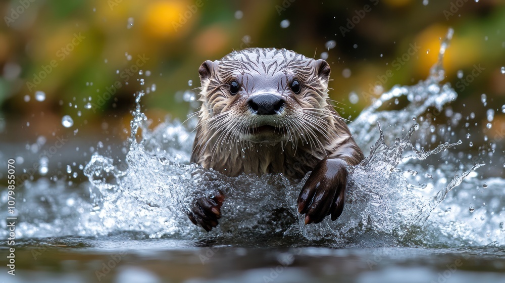 A playful otter splashes through water, showcasing its agility.