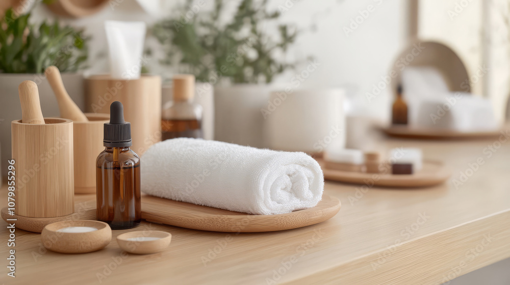 An aroma spa showcasing eco-friendly products, including organic essential oils, reusable towels, and natural bamboo containers, arranged neatly in a beautifully decorated spa room An aroma spa showcasing eco-friendly products, including organic essential oils, reusable towels, and natural bamboo containers, arranged neatly in a beautifully decorated spa room