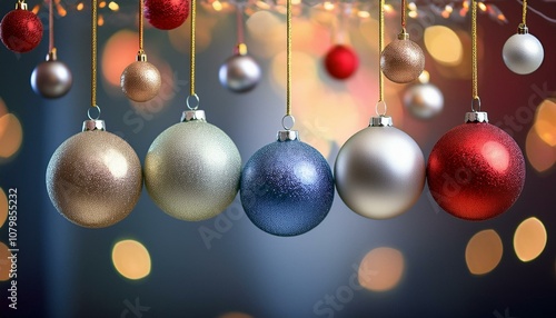 Elegant Christmas Balls in Silver, Blue, Gold, and Red Hanging on Strings with a Cozy Holiday Ambiance